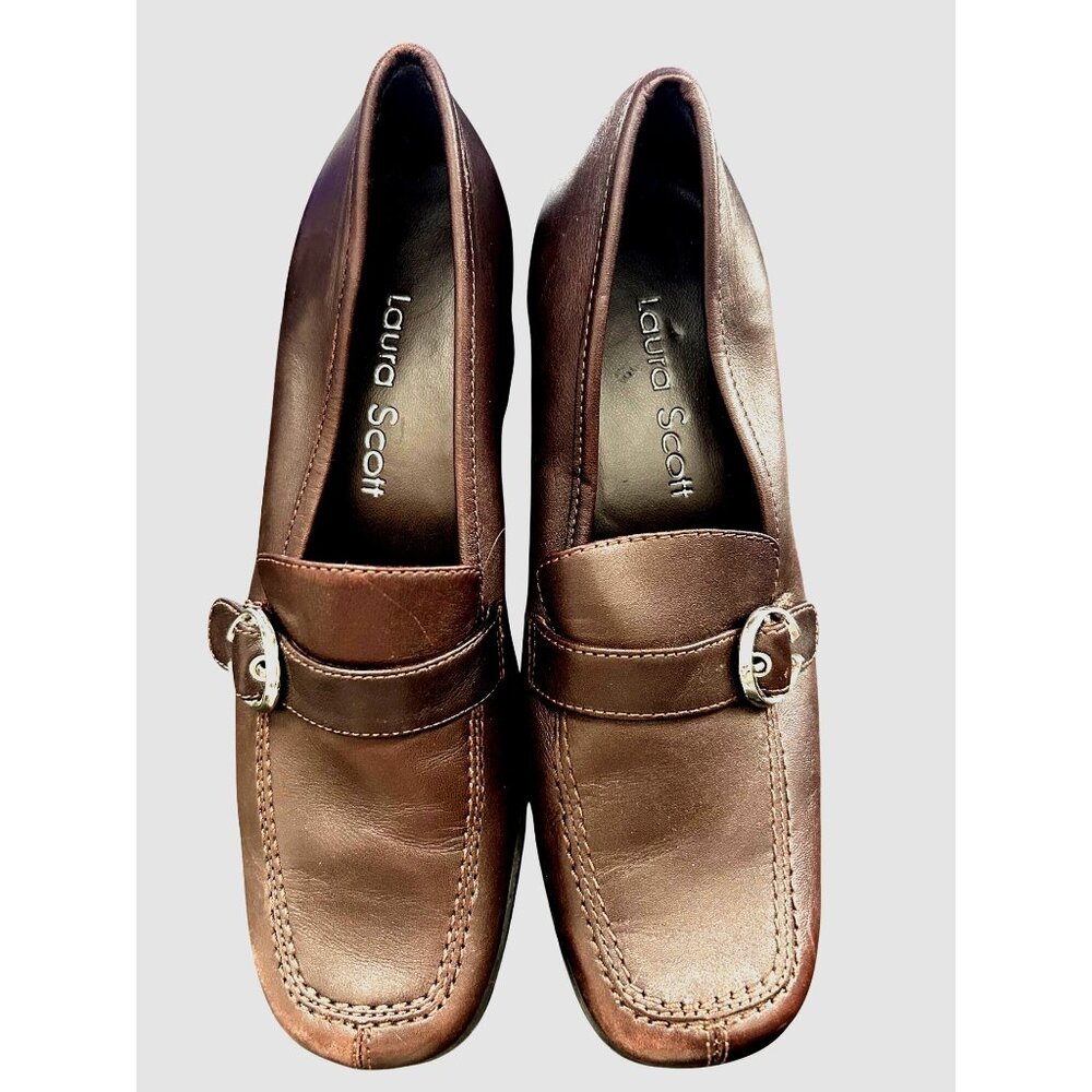 Laura Scott Brown Leather Women's Shoes Silver Buckle Block Heel COMFY Size 6